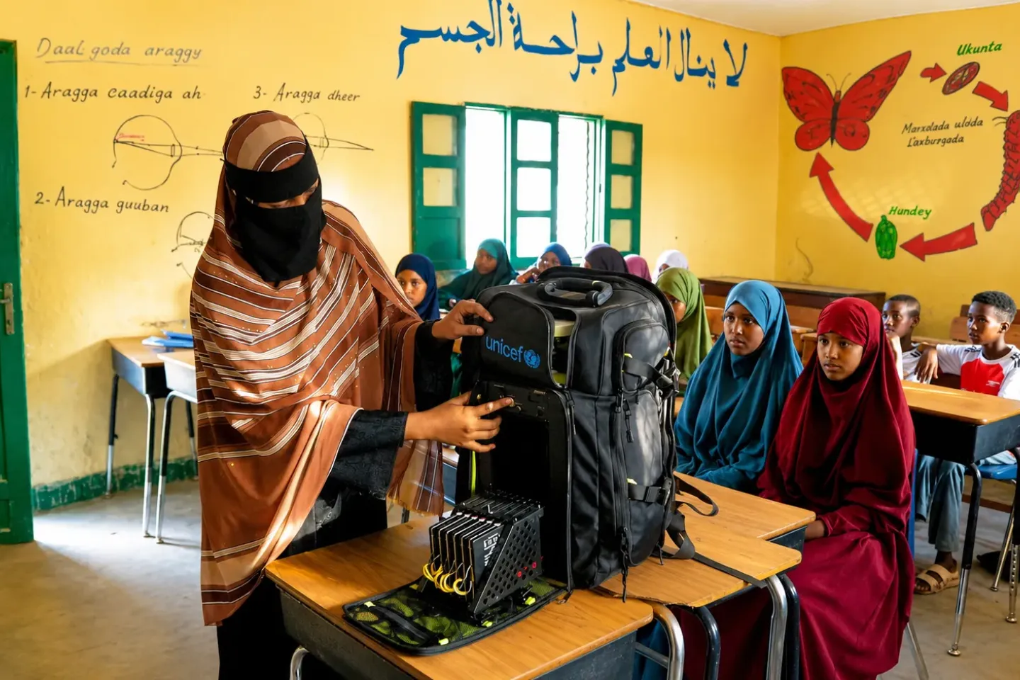 Khadan sets up the solar-powered Tespack in her classroom in Geedbalaadh village, Gabiley District, while her Accelerated Basic Education (ABE) learners watch with interest.
