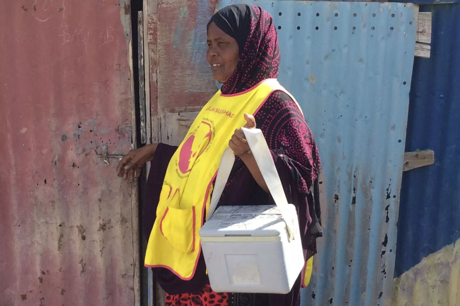 Anab, a polio vaccinator moving door-to-door.