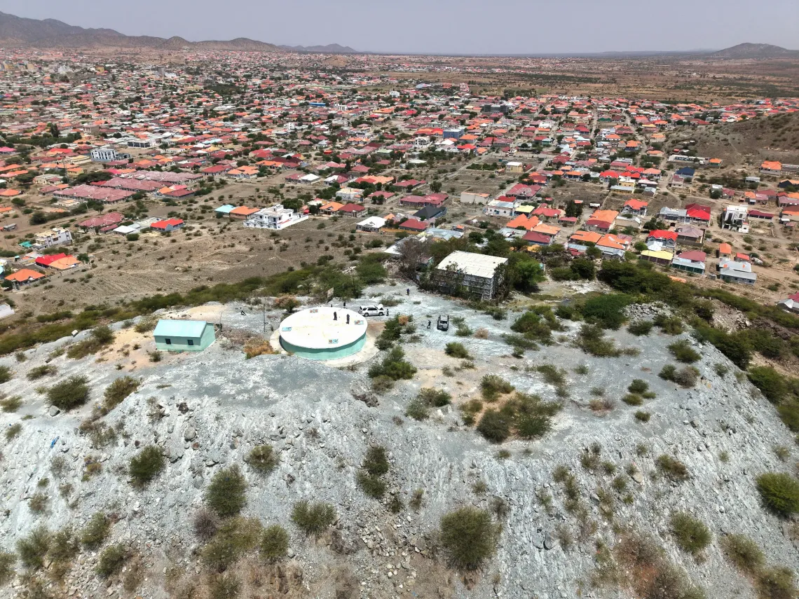 An aerial view of Borama town and its main water reservoir, part of the expanded water supply system that now provides reliable access to water for thousands of households.