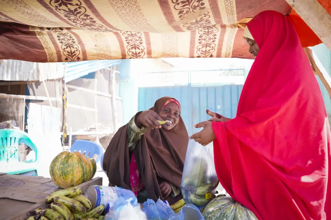 Fadhiyo at her vegetable stall, a small business that strengthens her family's resilience and supports their daily needs.