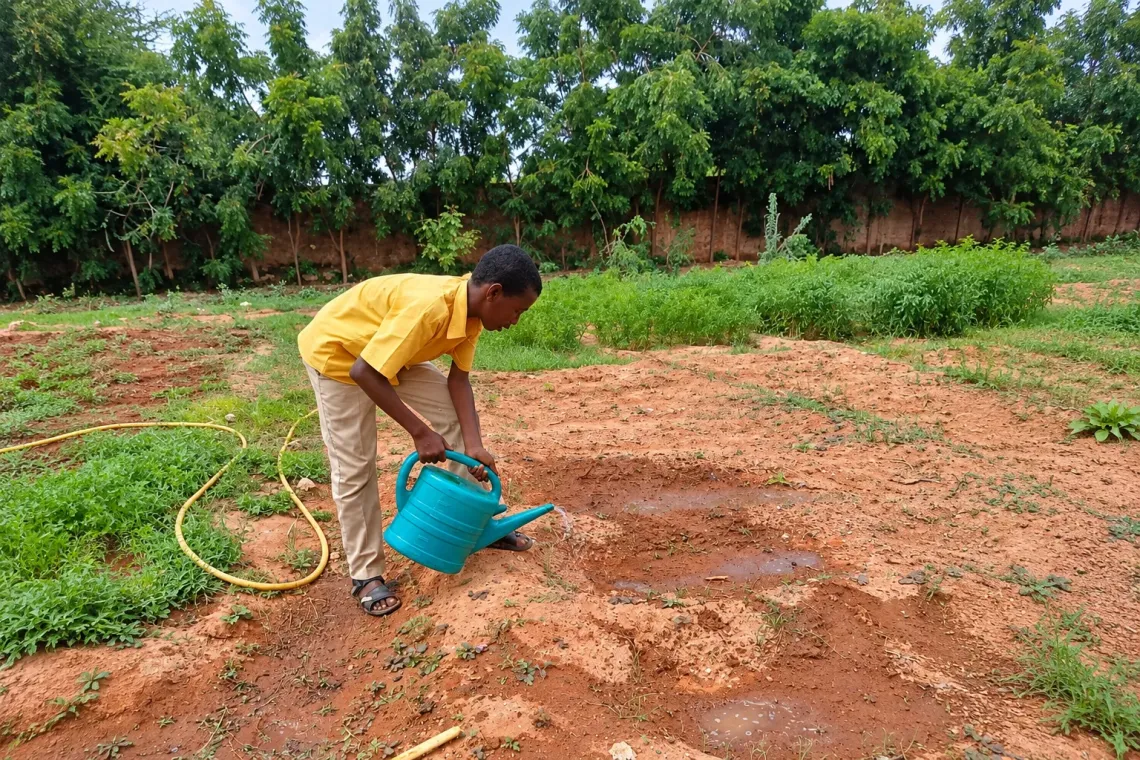 A student waters a plant in the garden at GECPD Harfo School, helping nurture a space where children learn responsibility, teamwork and care for their surroundings.