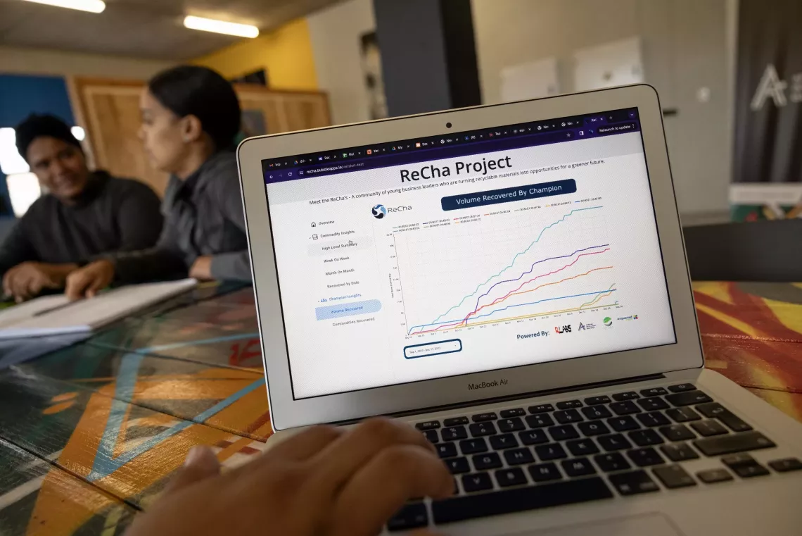 A laptop displaying colourful graphs all trending upwards