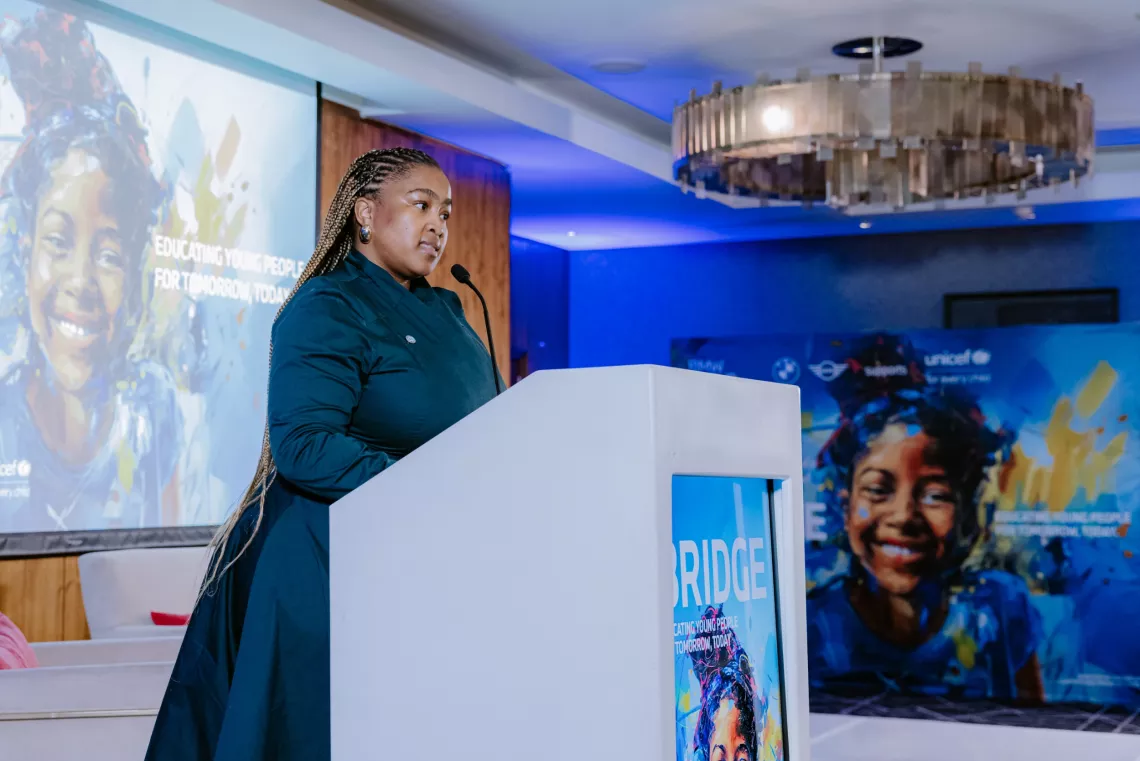 Tebogo&nbsp;Ramagoshi, Head of Corporate Social Responsibility at the BMW Group South Africa, gives an address at the Critical Thinking Forum.