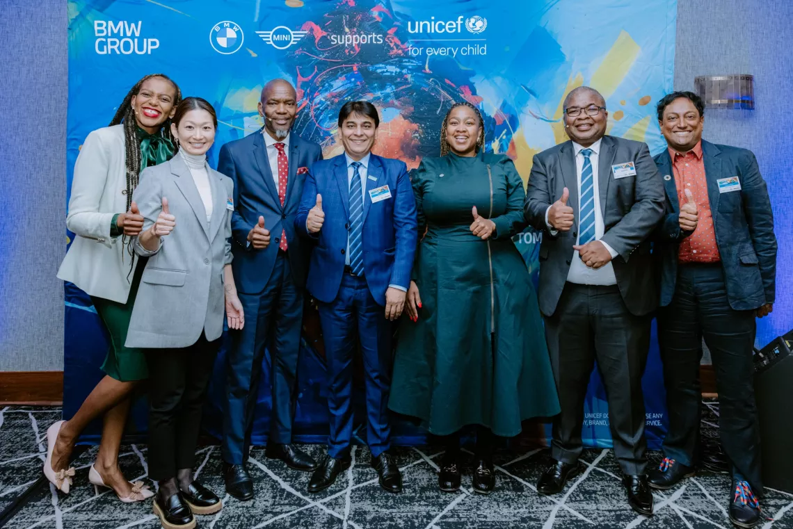 From left: Mandisa Mathobela (UNICEF), Hana Yoshimoto (UNICEF), Seliki Tlhabane (Department of Basic Education), Irfan Akhtar (UNICEF), Tebogo Ramagoshi (BMW Group), Mbasa Kepe (BMW Group) and Sudeshan Reddy (UNICEF) at the Critical Thinking Forum.