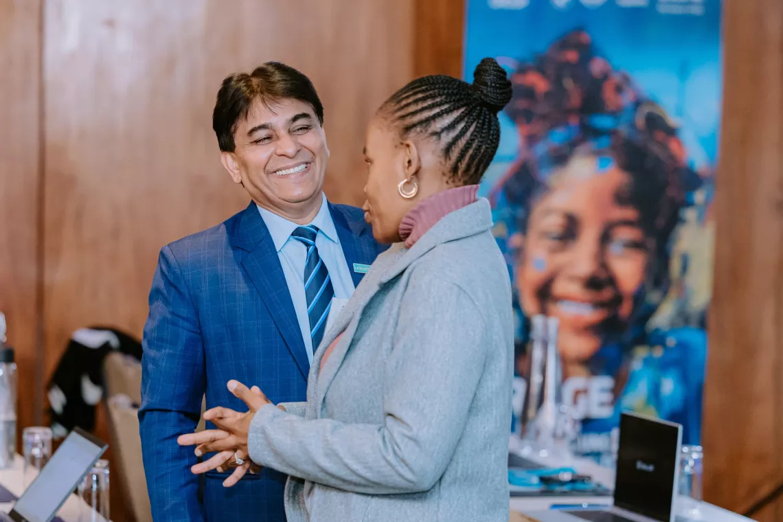 UNICEF South Africa Deputy Representative, Irfan Akhtar and UNICEF South Africa Digital and Social Media Associate, Lungelo Matangira, chat during the Critical Thinking Forum.