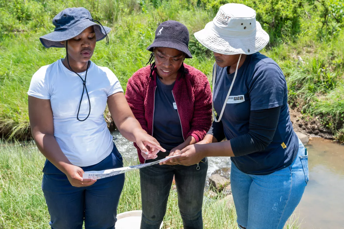 three young women looking at chart in their hands