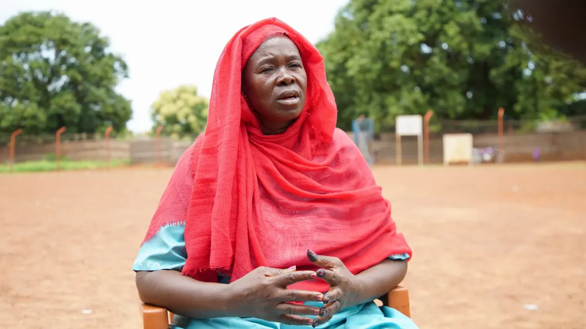 Rebecca, a leader in her community is sitting at Lokoloko child friendly space in Wau South Sudan for an interview