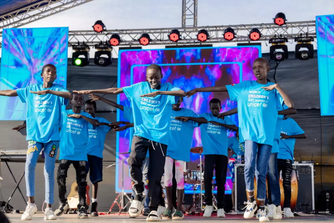 children dancing on stage for WCD 2024 celebration in South Sudan