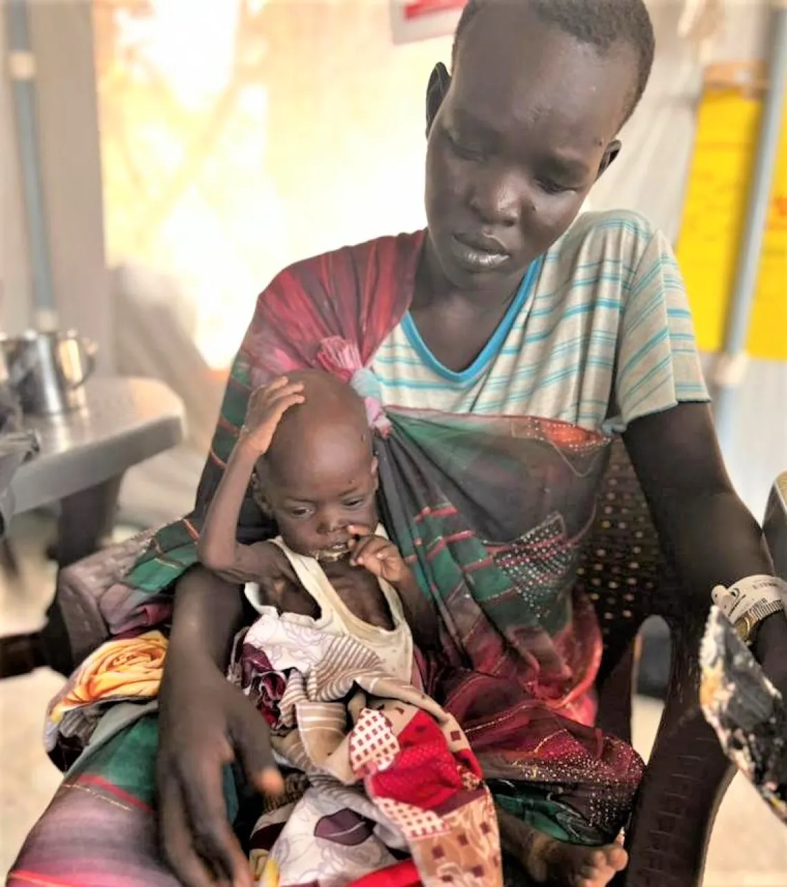 Kamisa and mother Yumjima at the UNICEF nutrition site for support, Renk South Sudan.