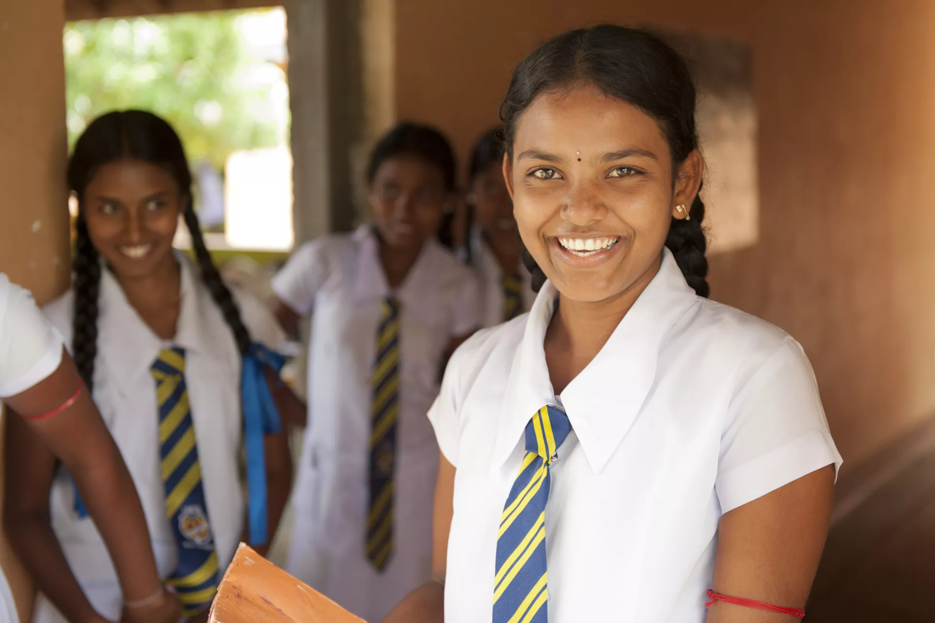 Adolescents girl with her friends in a school