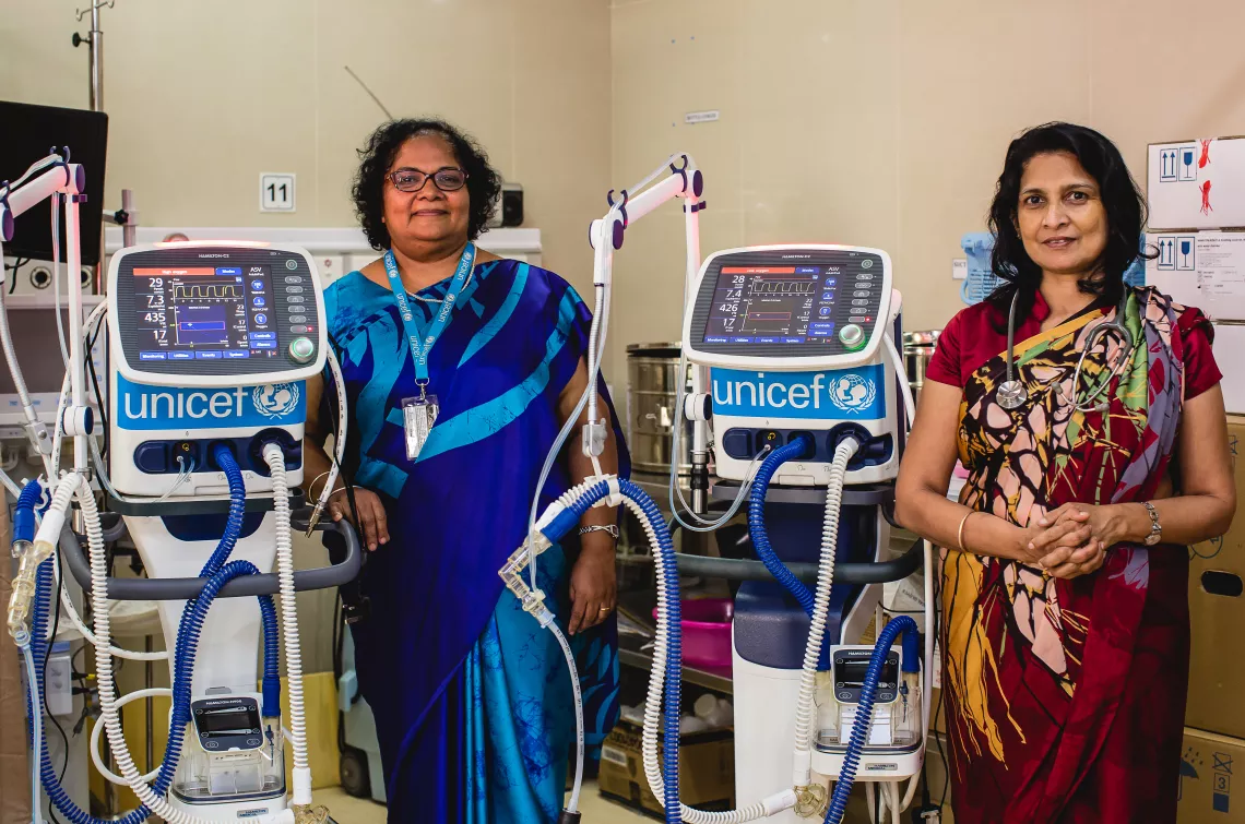 Dr. Dhammica Rowel, UNICEF&rsquo;s Health and Nutrition Officer (left) and Dr. Manjula Kularatne, Senior Consultant Anesthetist of Neuro Trauma Unit, National Hospital of Sri Lanka, Colombo with Ventilators with Paediatric Probes donated by UNICEF.