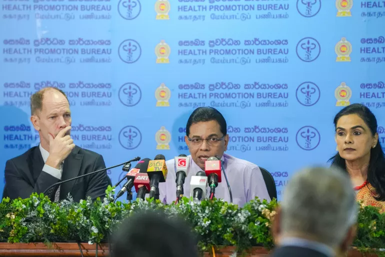 From left, Mr Christian Skoog, UNICEF Representative in Sri Lanka; Dr. Palitha Mahipala, Secretary to the Ministry of Health and Dr. Alaka Singh, WHO Representative to Sri Lanka addressing the media at the Health Promotion Bureau in Colombo.
