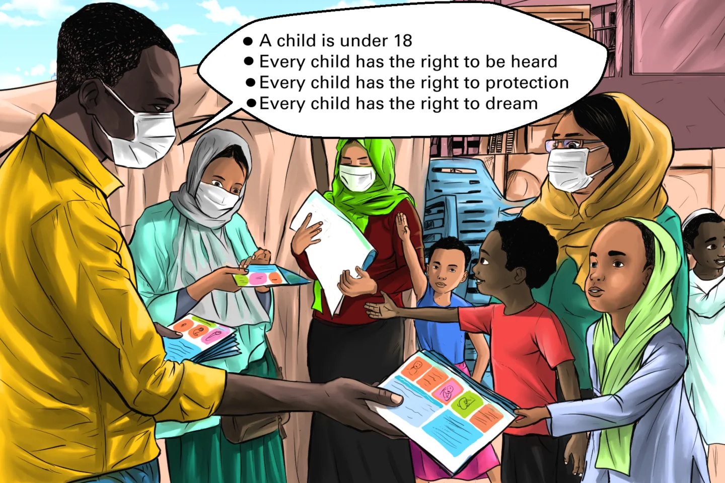 illustration of girl handing out flyers