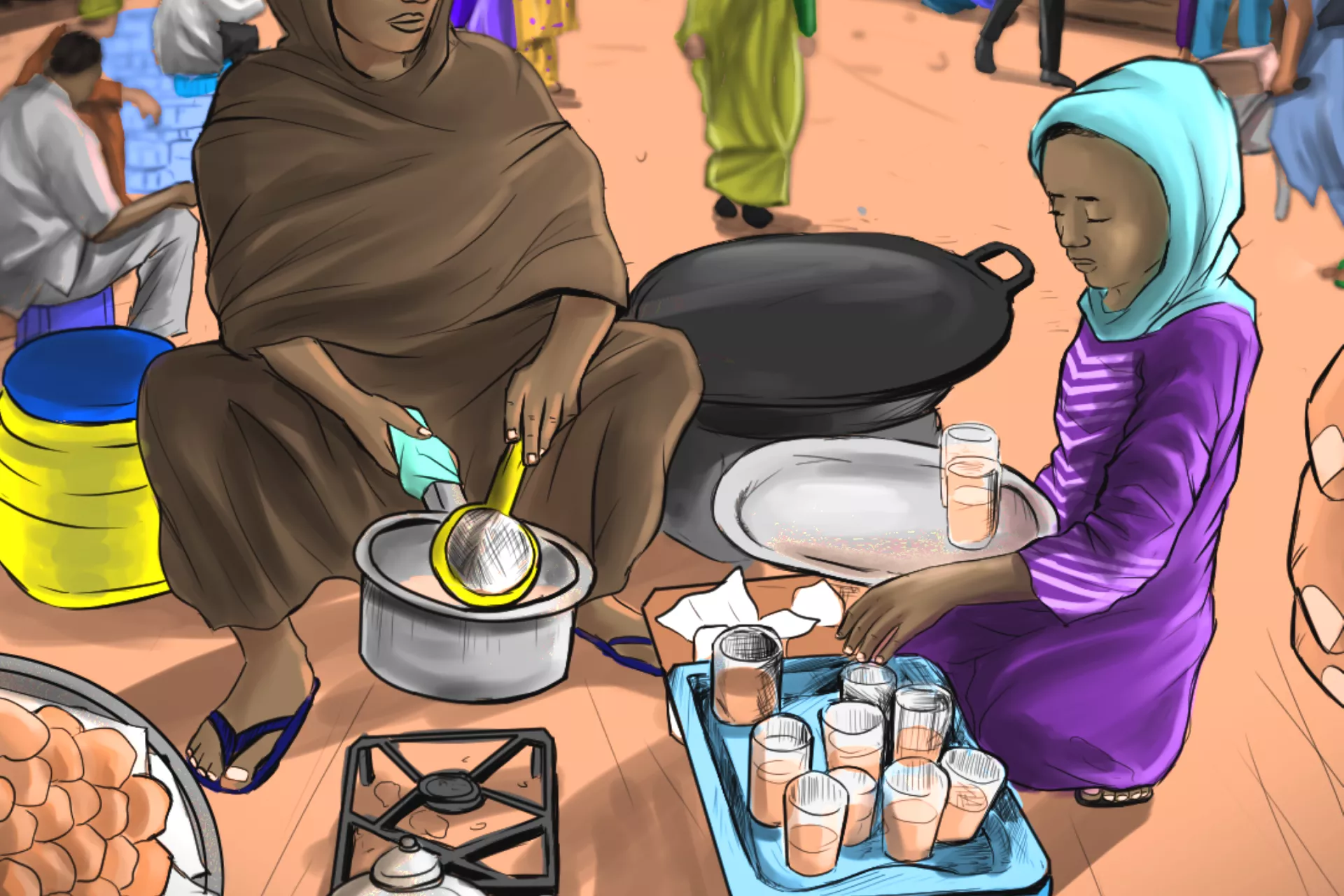 Cartoon of woman and girl making tea