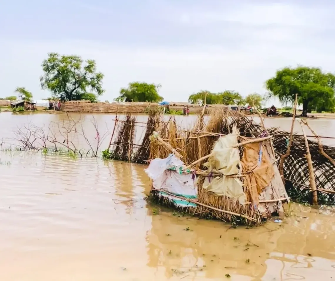 A temporary latrine submerged in flood waters