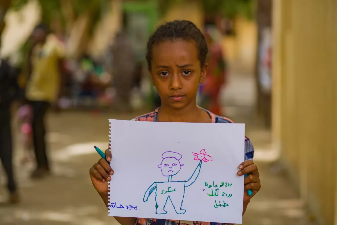 child friendly spaces, CFS, safe environments for children affected by conflict, play, psychosocial support, heal, drawing, Sudan, UNICEF, 