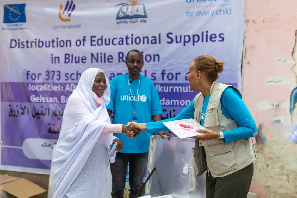 back to school campaign, education supplies, EU, European Union, education in emergencies, UNICEF education supplies, backpacks, notebook, pencils, pens, girls' education, girls, Sudan, UNICEF