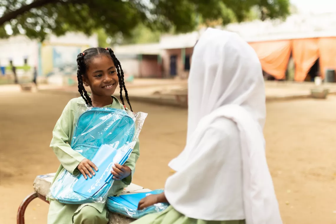 back to school campaign, education supplies, EU, European Union, education in emergencies, UNICEF education supplies, backpacks, notebook, pencils, pens, girls' education, girls, Sudan, UNICEF