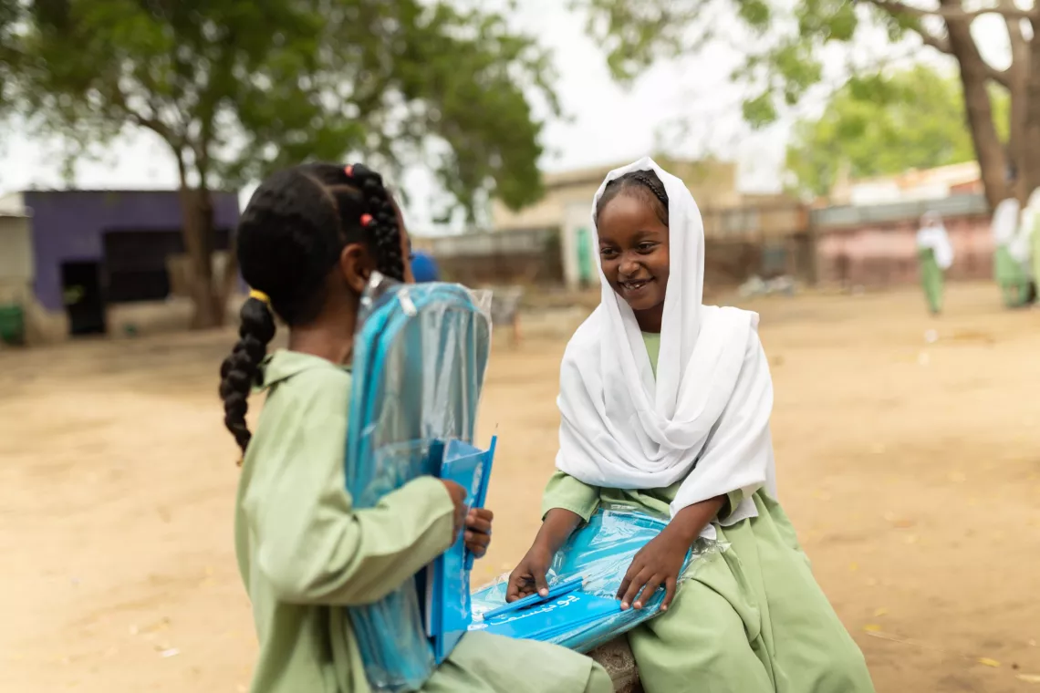 back to school campaign, education supplies, EU, European Union, education in emergencies, UNICEF education supplies, backpacks, notebook, pencils, pens, girls' education, girls, Sudan, UNICEF