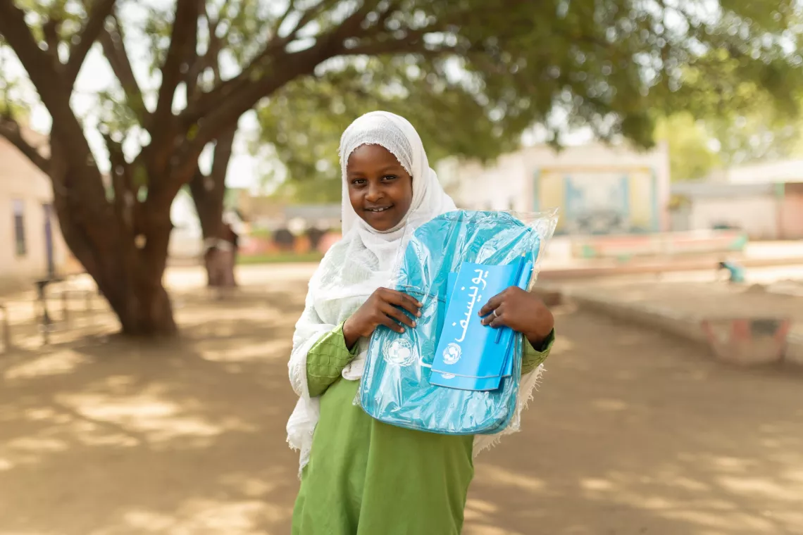 back to school campaign, education supplies, EU, European Union, education in emergencies, UNICEF education supplies, backpacks, notebook, pencils, pens, girls' education, girls, Sudan, UNICEF
