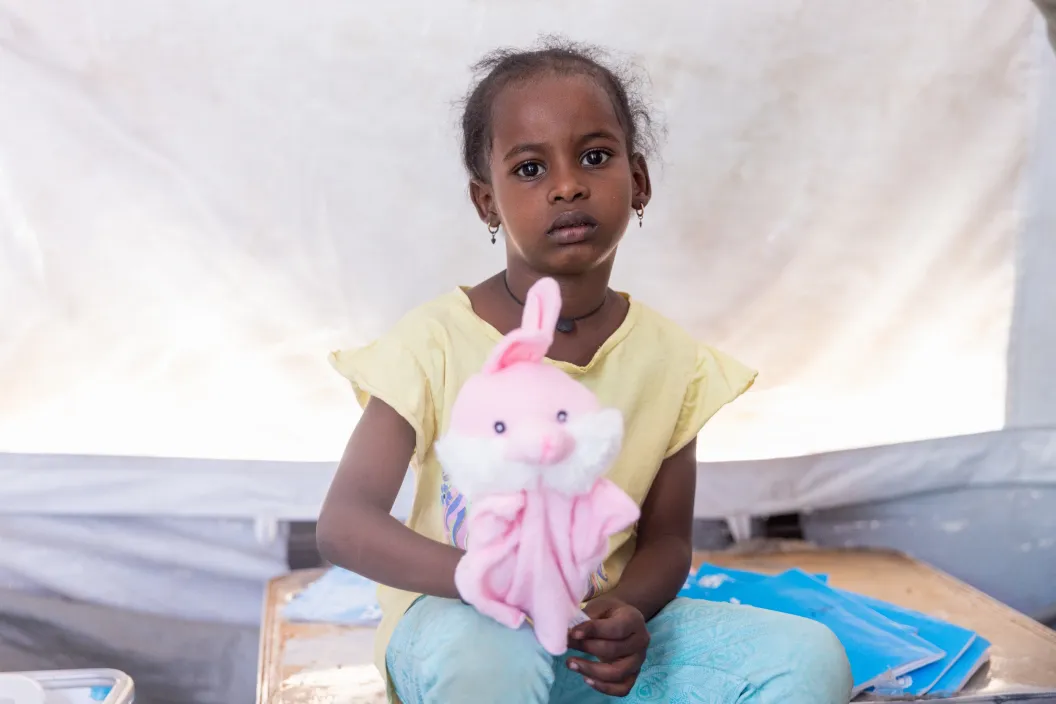 Talia, 6 years, attends learning and play sessions at Al Madina Al Manawara Safe Learning Space in Al Geneina, West Darfur.
