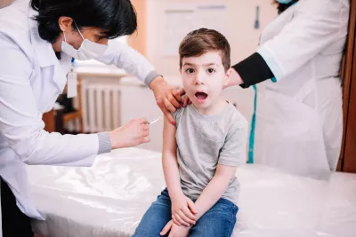 The little boy is receiving his routine vaccination. at polyclinic #1 in Vanadzor. April 21, 2021 Vanadzor, Lori region, Armenia