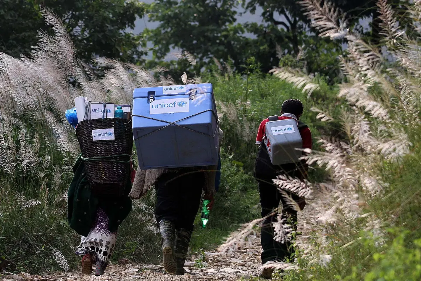 Three people carrying UNICEF-provided vaccines on difficult terrains on the way to a vaccination campaign to be conducted in Gorkha District, Nepal, the epicentre of the 2015 earthquake.