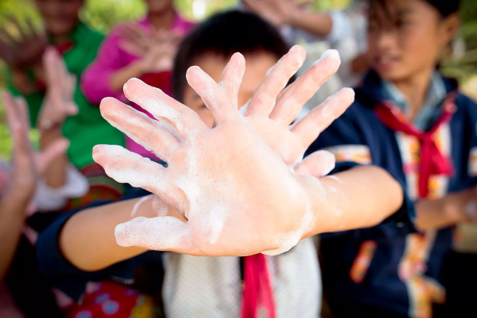 A child's soapy hands during a handwashing activity in Muong Khuong Ethnic Minority Boarding School, Lao Cai, Vietnam, in 2014. 