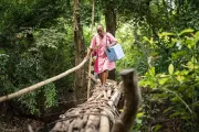 A nurse crosses a wooden bridge to reach a remote village on Sierra Leone.