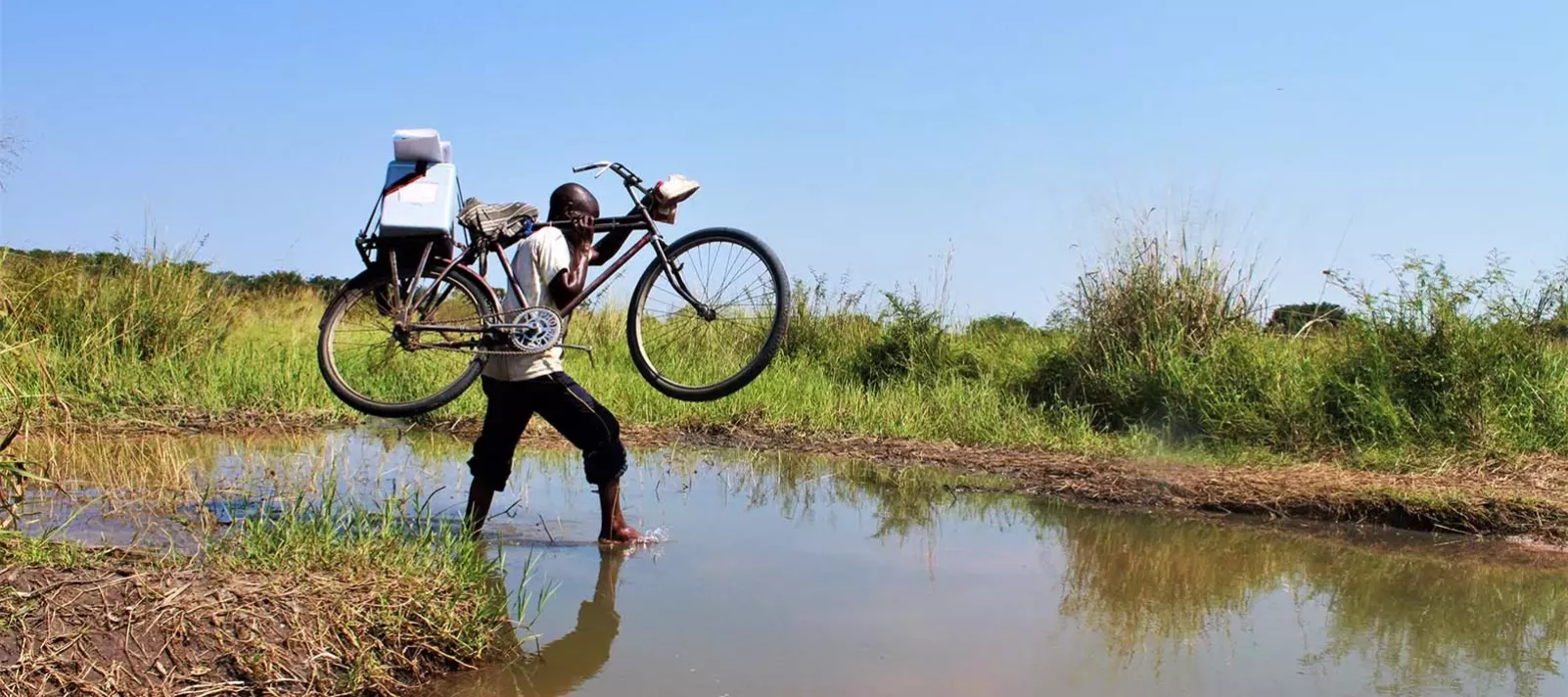 A man is carrying a bike tied to a vacciner carrier on his shoulder while crossing a river.