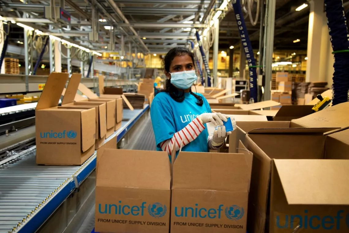 After being retrieved by robots from the fully automated High Bay storage area, life-saving supplies are packed in emergency kits to be dispatched from the world&rsquo;s largest humanitarian warehouse, the UNICEF Global Supply Hub in Copenhagen.