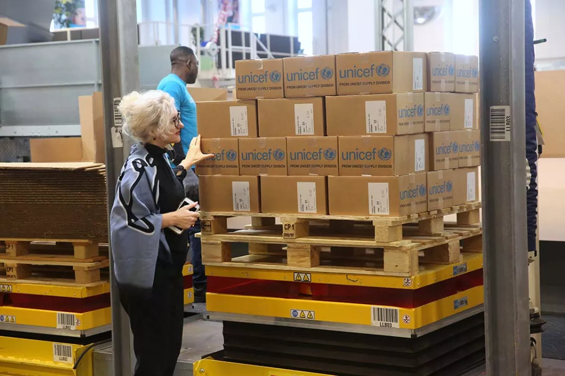 Eva Kadilli at UNICEF Supply Division's warehouse in Copenhagen, Denmark, is the largest humanitarian warehouse in the world.