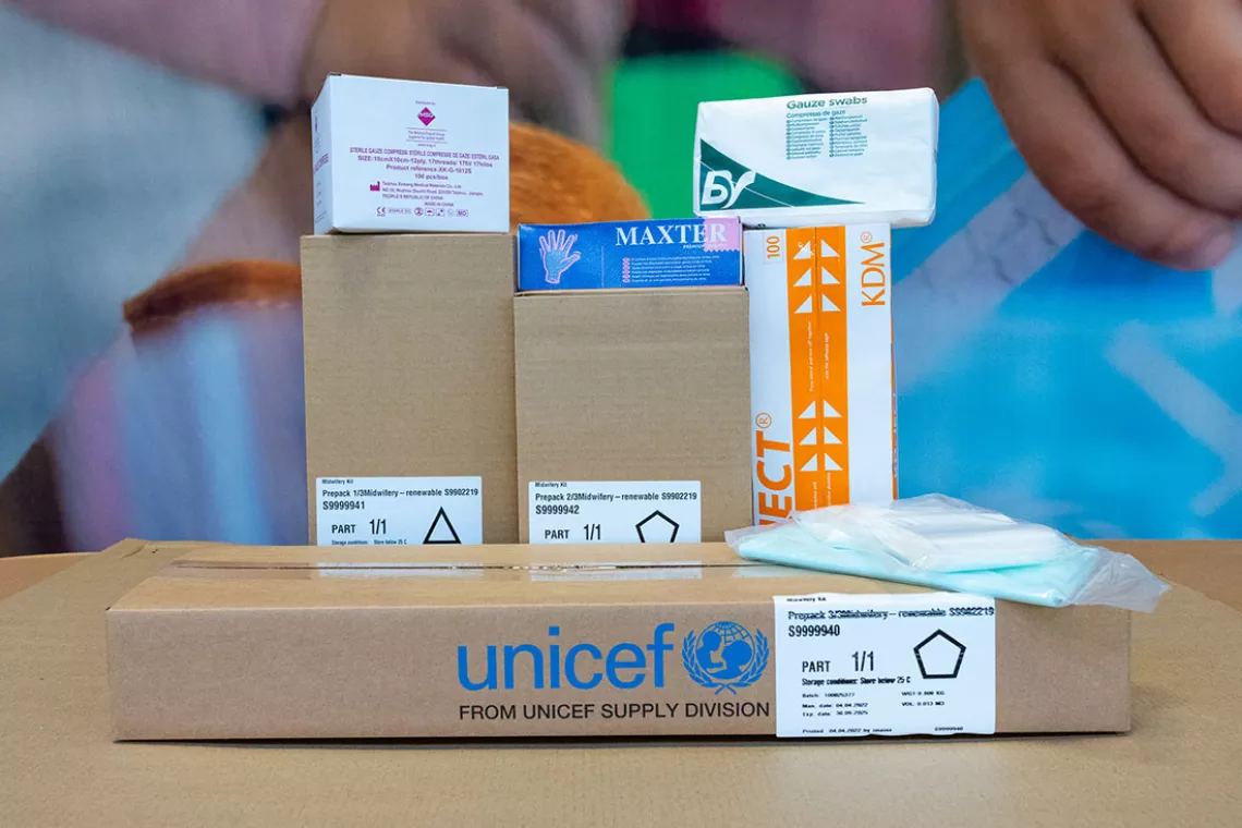 Items of UNICEF's midwifery kit being packed in the organization's warehouse in Copenhagen.