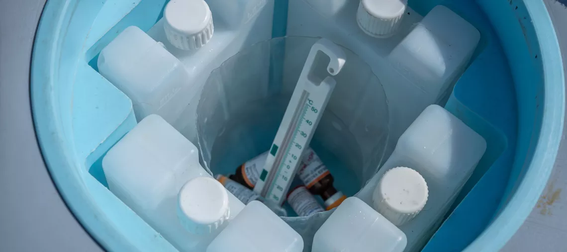 A look inside one of the vaccination kit containers used by the UNICEF-supported vaccination teams at Bardarash camp, in Iraq, in October 2019.