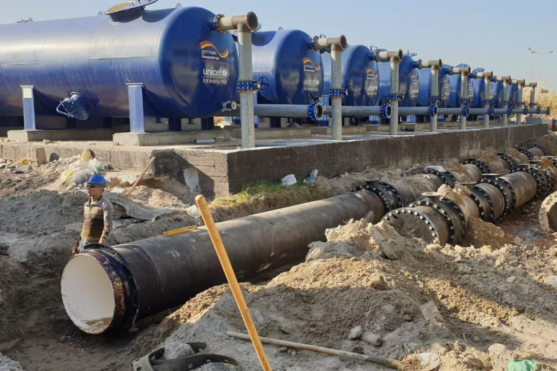 A filter system built by UNICEF at the water treatment plant in Al-Qa&rsquo;qa&rsquo;, Iraq.