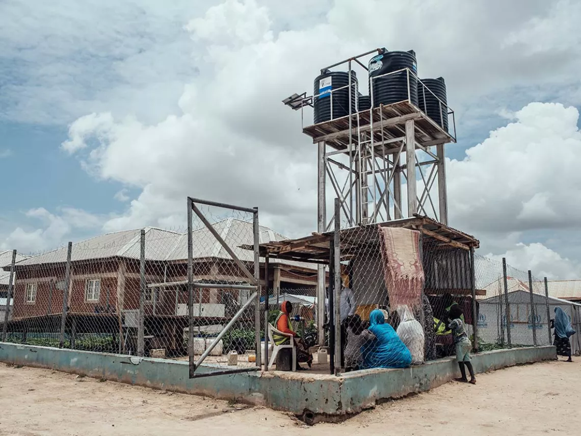 Water storage at a UNICEF supported solar powered borehole in a camp of internally displaced persons in Nigeria. 