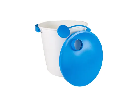 A white bucket with a blue lid.