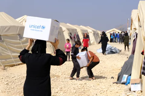 UNICEF hygiene kits are distributed at a camp in A'zaz, northwest Syria, for families displaced by the earthquakes.