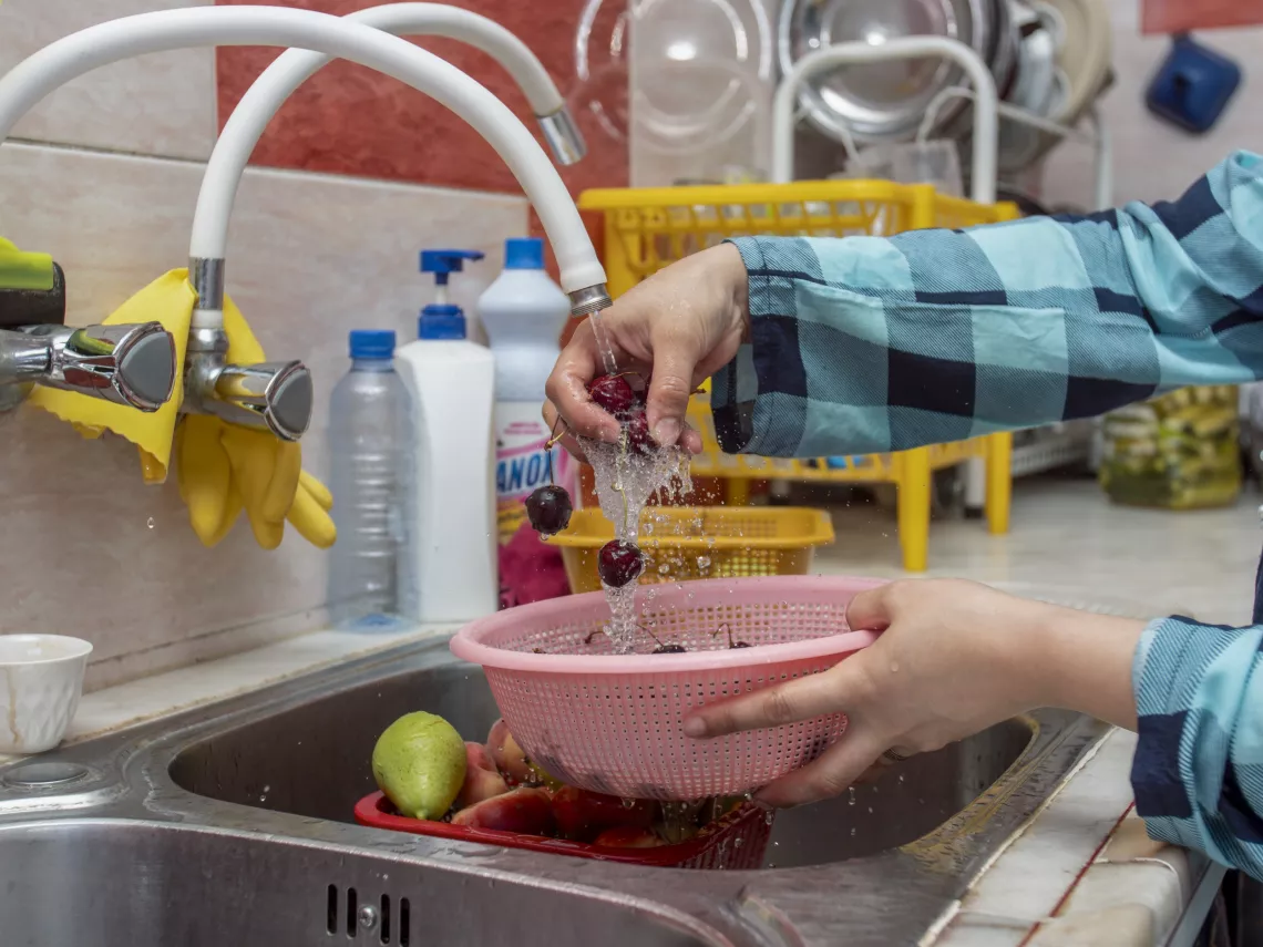 Duaa, 34, washes fruits with clean water at her parents&rsquo; house in Western gathering, Kisweh city, Rural Damascus.