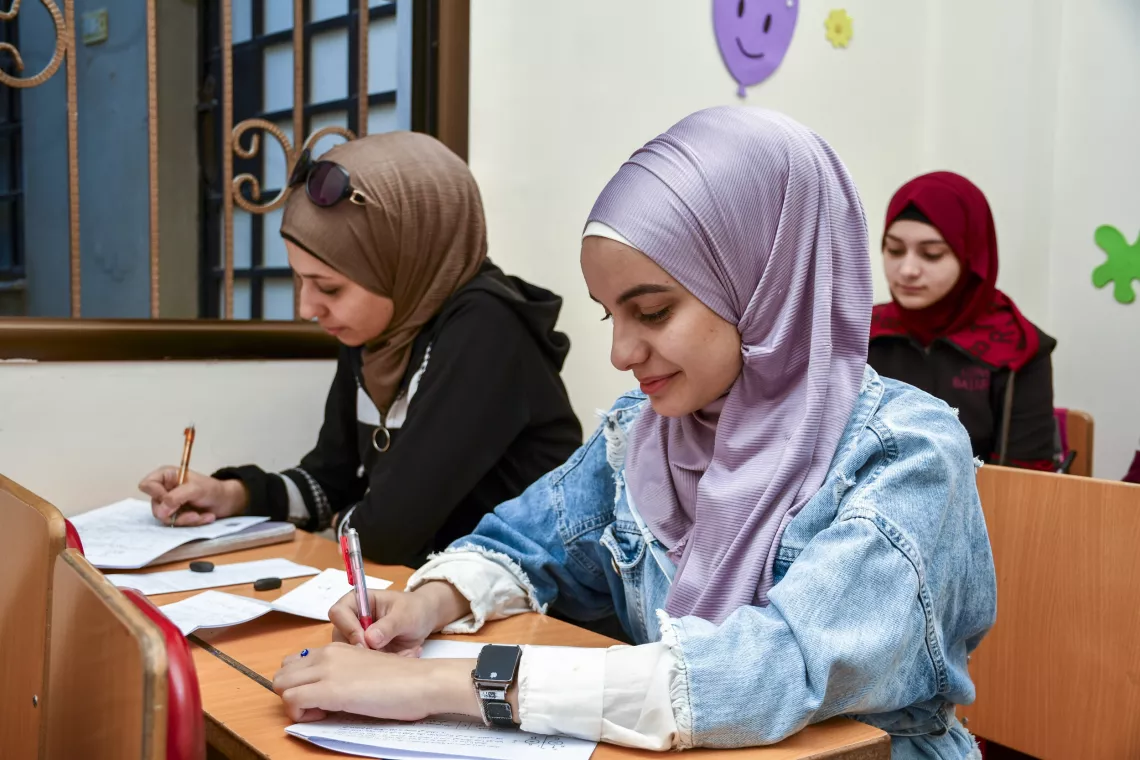 Hala, 19, revises for her physics exam.