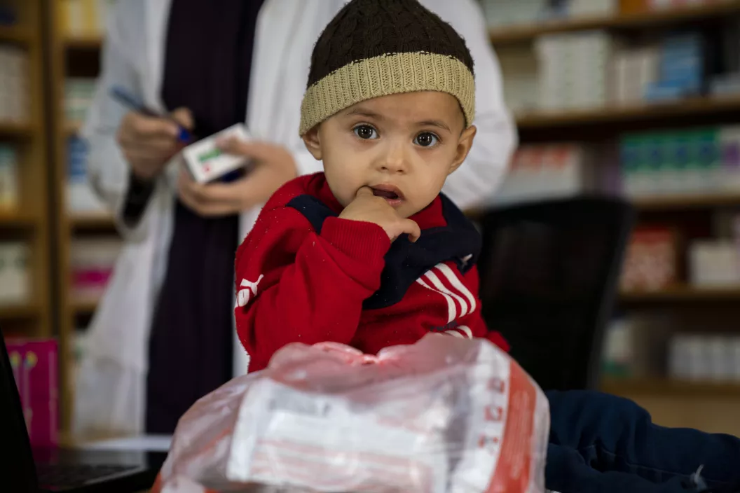Aisheh, 19 months, received her curative nutritional supplements at a UNICEF-supported health centre in Zabadani.