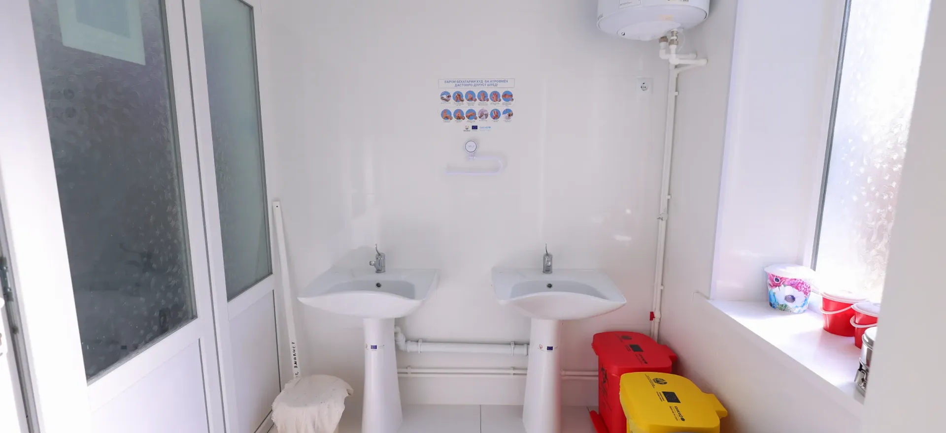 Newly installed sinks and waste bins