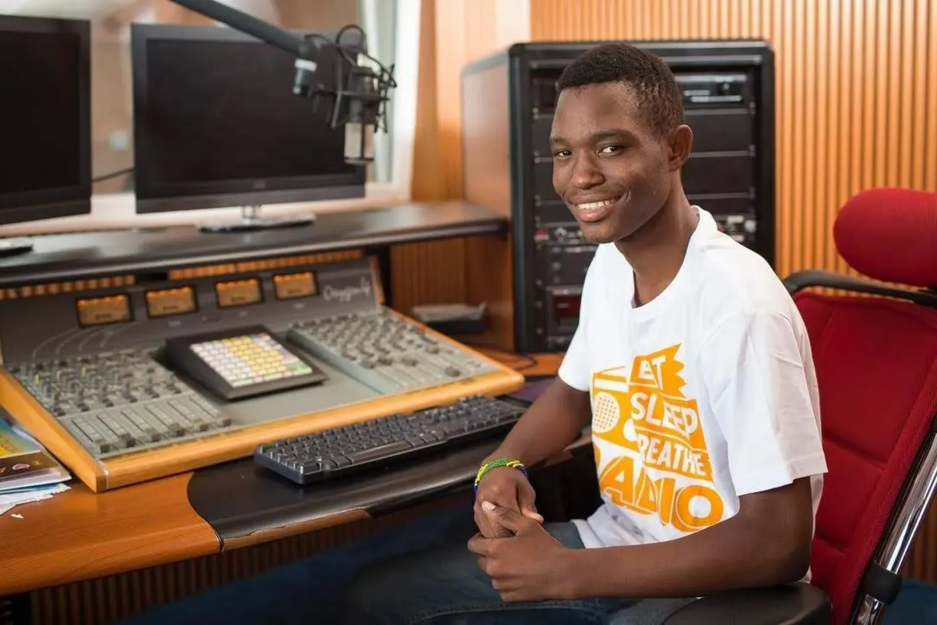 Rashid  at the Metro FM Radio studio in Mwanza, Tanzania, after producing the weekly youth radio program &lsquo;Step Up Show&rsquo;. 