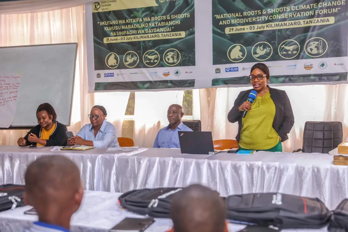 UNICEF Advocacy and Communications Specialist Usia Ledama speaking at the National Roots & Shoots Climate Change and Biodiversity Conservation Forum
