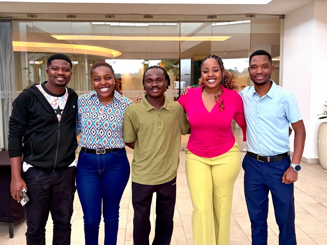 In order from left to right: Benjamin Kobina Ebo (Ghana), Priscilla Karanja (Kenya), Dzidefo Mensah Dotse (Ghana), Anita Soina (Kenya) and Rashid Malekela (Tanzania) in a group photo during a content creators' co-creation workshop in Nairobi, Kenya.
