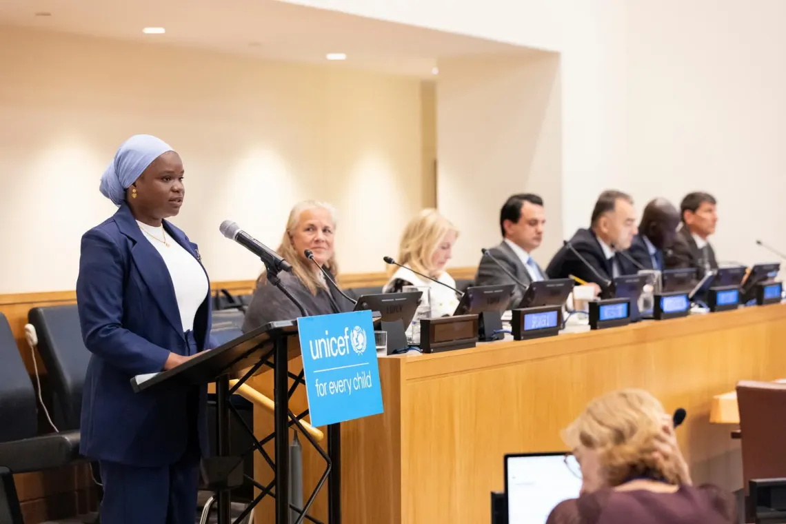 Madina in New York at UN Headquarters, delivering a message on the importance of climate-resilient WASH systems 