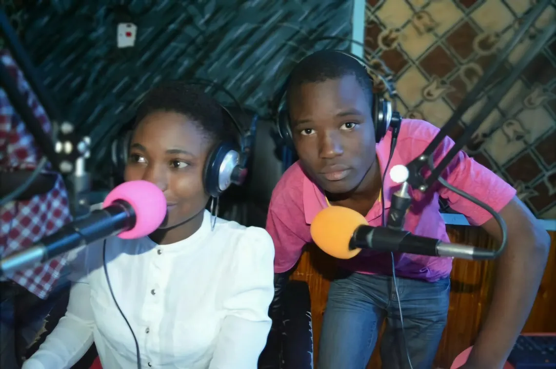 Youth reporters Rashid Malekela and Gloria Mohamed hosting the weekly youth radio program &lsquo;Vijana Vibe&rsquo; at City FM Mwanza