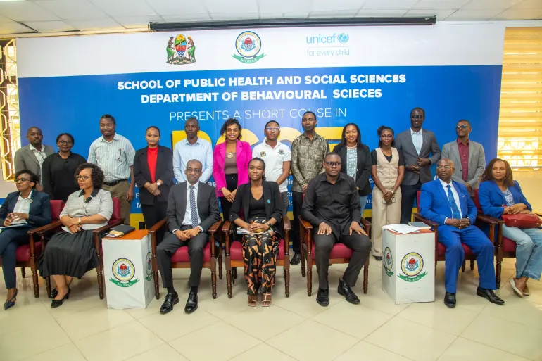 Group photo with UNICEF, MUHAS and partners alongside the Muhimbili University of Health and Allied Sciences (MUHAS), through its School of Public Health and Social Sciences, Department of Behavioural Sciences
