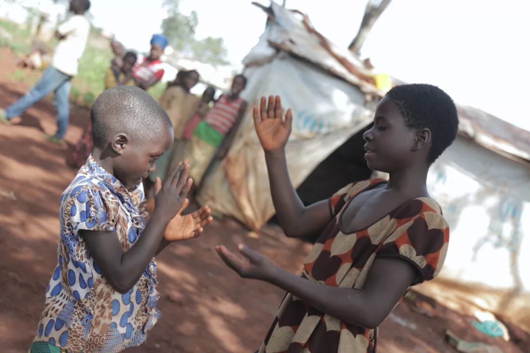Siblings Bahati and Issa Habonimana play in Nyaragusu refugee camp, north west Tanzania.