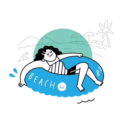 A cartoon of a woman floating in the sea on a swim tube.